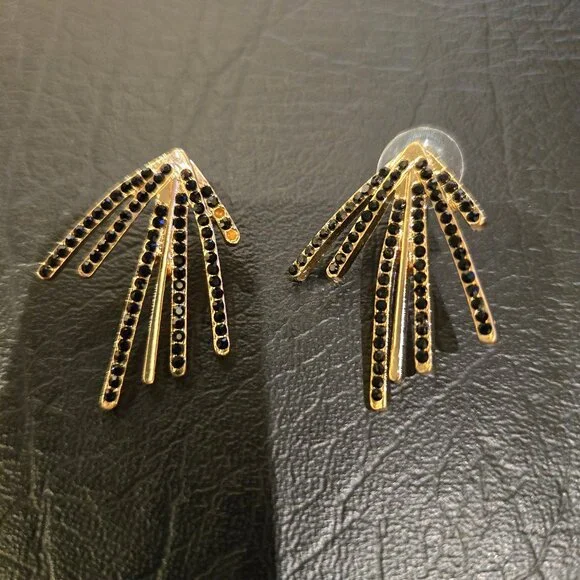 Gold and Black Rhinestone Fan Earrings - Picture 1 of 3